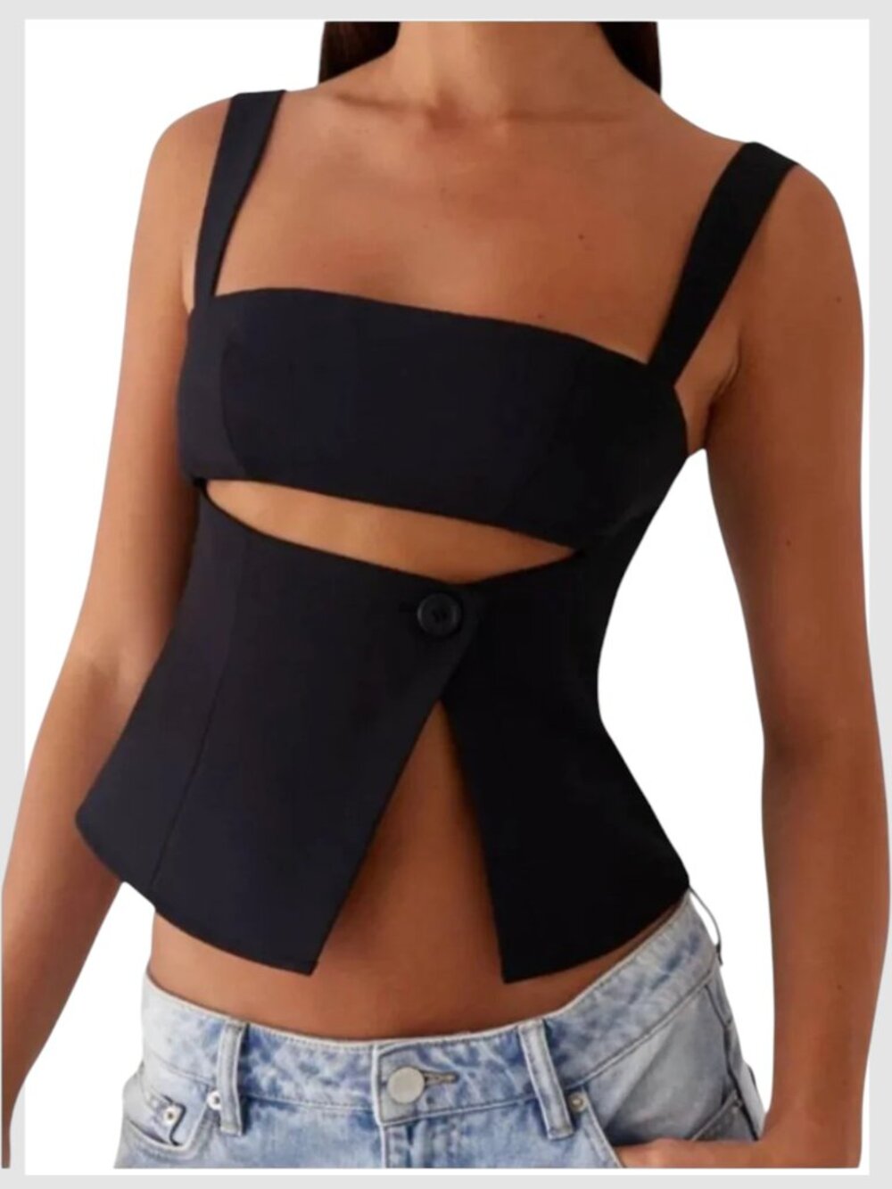Peppermayo Cut Out Crop Top Black Square Neck Split Hem 4 S